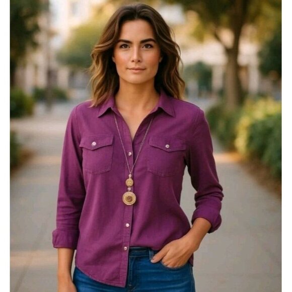 DVF Diane Von Furstenberg Purple Linen-Cotton Blouse Size 8 - Picture 1 of 15